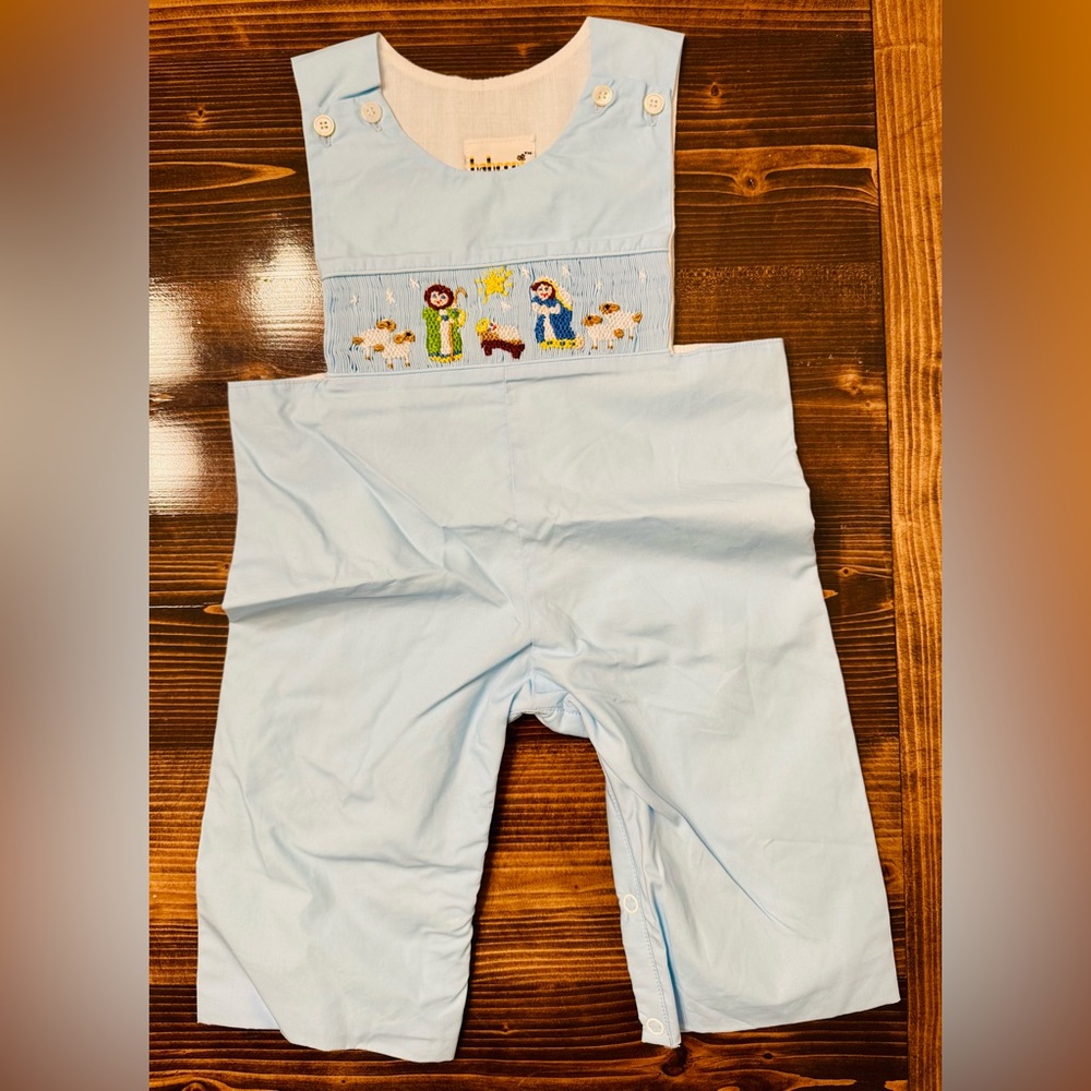Babeeni Smocked Light Blue Boys Longalls with Christmas‎ Nativity